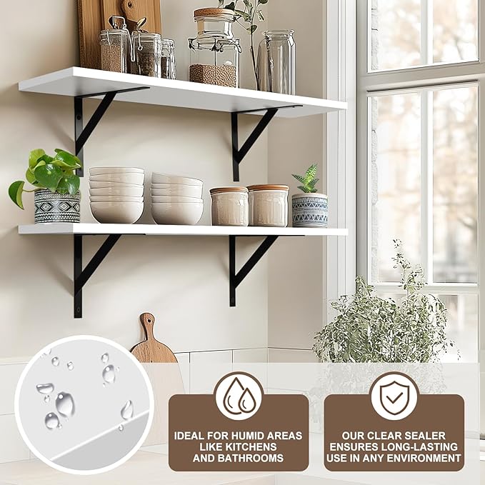 Heavy Duty Long Wall Shelves Set of 2, Floating Shelves Wall Mounted with Industrial Brackets, 40lbs Capacity Shelves for Laundry Room, Kitchen, Bathroom, Living Room (31.5"*8",White)