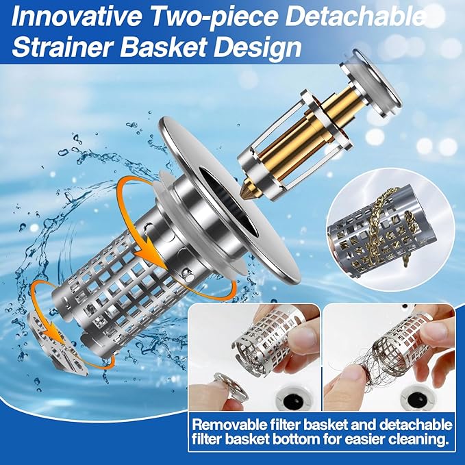 Sink Stopper Hair Catcher, Pop-up Sink Drain Strainer with Removable Stainless Steel Strainer Basket Hair Catcher, Bathroom Sink Strainer for Bathroom Sink Stopper Replacement(NEW-2PCS)