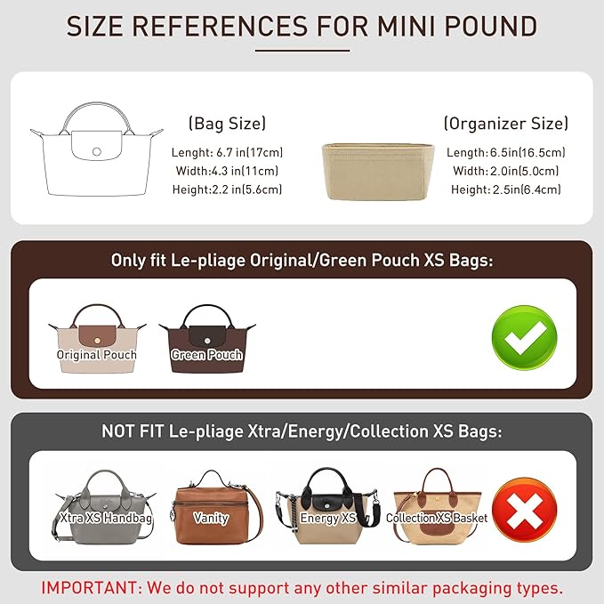 Felt Purse Organizer Insert Compatible with Longchamp Le Pliage Mini Original/Green Pouch and More, Extra Small Bag Insert with Zipper for Women Handbag(Mini, Pink)