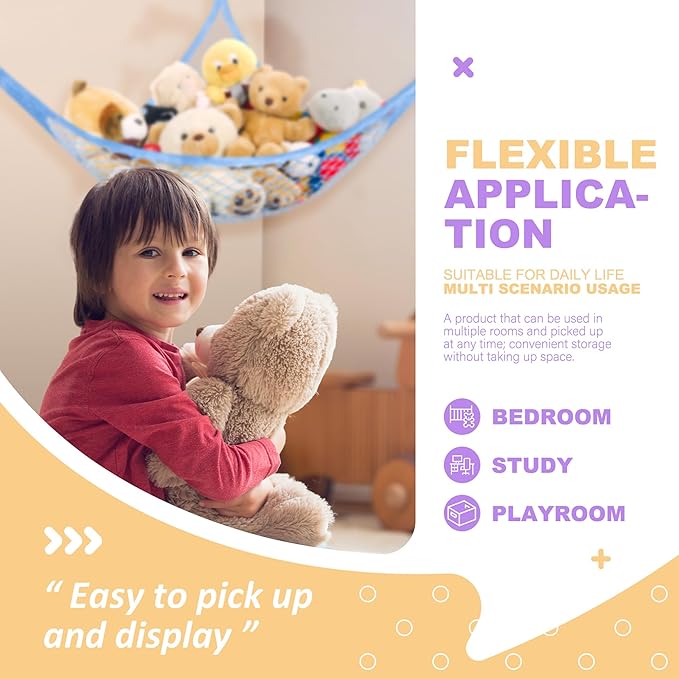 Lazebox Stuffed Animal Net Hammock for Plushie Toys, Stuffed Animal Hammock Corner for Kids' Room Decor, Ideas for Organizing Stuffy Collection, Blue, L (67" x 40" x 40")-Pack of 1