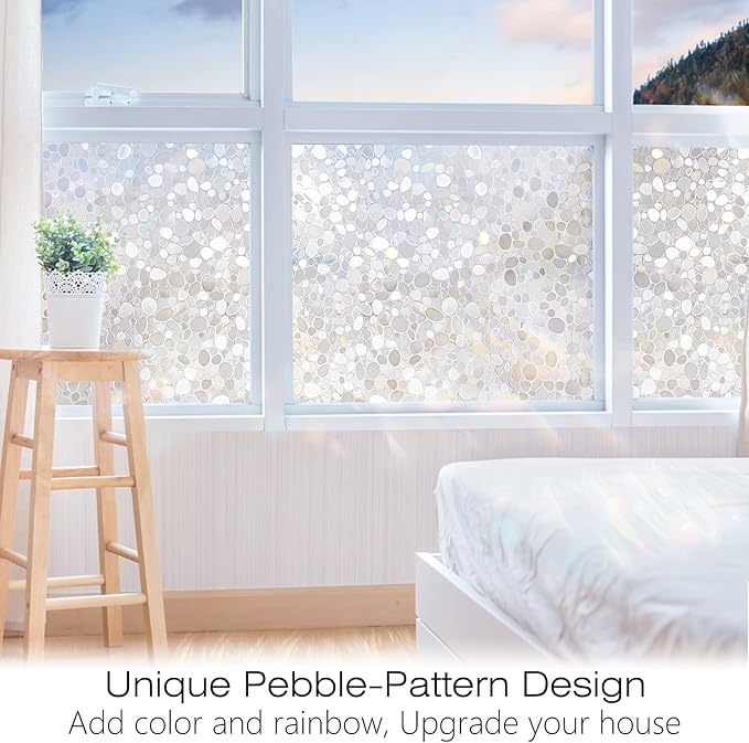 rabbitgoo Window Privacy Film, Decorative Rainbow Window Clings for Glass Covering, Static Cling Non Adhesive Door Stickers UV Blocking, Stained Glass Vinyl Decal, 3D Pebble, 35.4 x 78.7 inches
