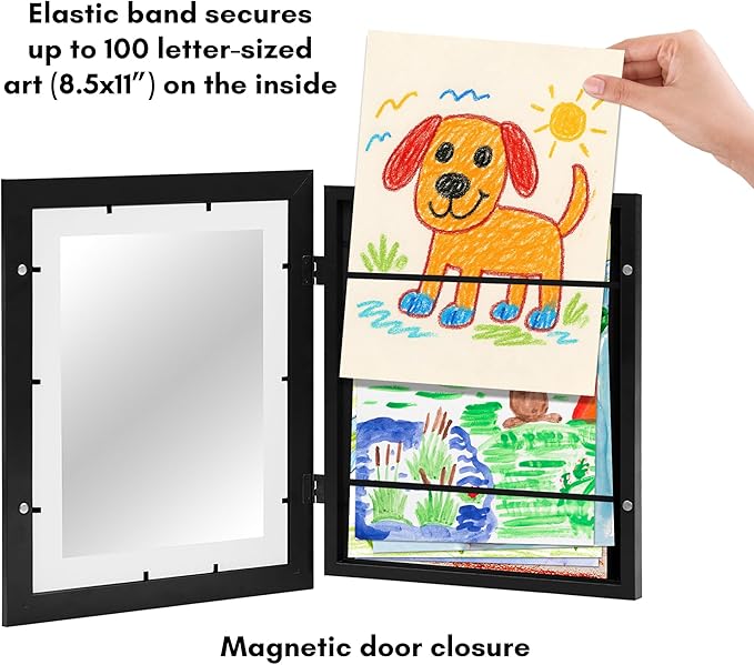 Americanflat - 4 Pack - Kids Artwork Frame Changeable (Black) - Magnetic Door Holds 100 Art Pieces - 8.5x11 Letter Size Display with Mat or 10x12.5 Without Mat - My Mini Masterpiece