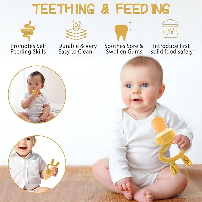 Baby Breastmilk Popsicle Molds & Baby Fruit Feeder (2 Pack), Baby Food Freezer Tray Storage Containers, Silicone Teething Pacifier Feeder and Teether for Babies,Baby Feeder - Yellow