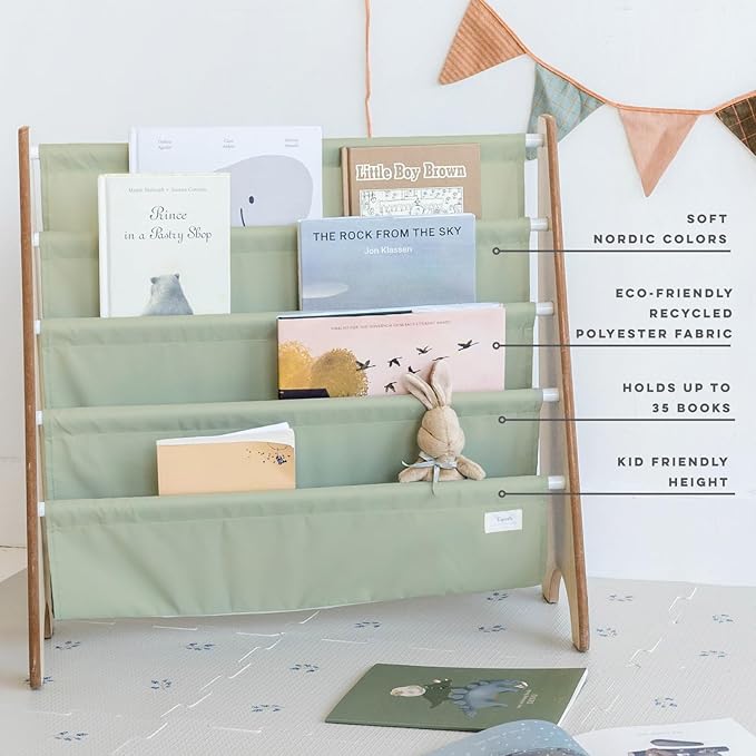 3 Sprouts Recycled Fabric Kids Bookshelf – 4-Tier Sling Book Rack Organizer - Nursery Room Playroom Classroom Wooden Book Shelves - Kid Bookcase Wood Storage Shelf for Toddler Age 3+ - Solid Green