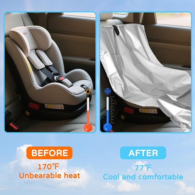 2 PCS Baby Car Seat Sun Shade Cover, Car Seat Heat Protector, Thickened Silver Coated Cloth Cooler Cover Travel Accessories for Infant