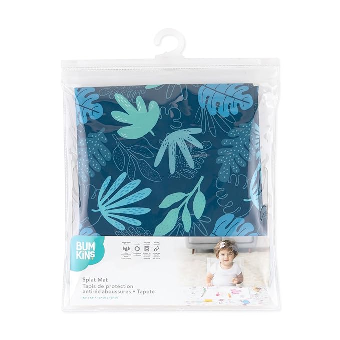 Bumkins Baby Splat Mat for Under High Chair, Babies Toddlers Eating Mess Mat, Waterproof Reusable Cloth for Arts and Crafts, Playtime Mat for Kids, Floors or Tables, Fabric 42inx42in, Blue Tropic