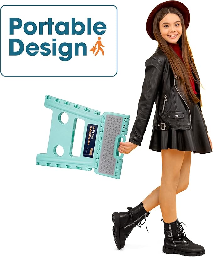 Flottian 13" Folding Step Stool for Adults and Kids Holds Up to 300 lbs,Non-Slip Folding Stools with Handle, Compact Plastic Foldable Step Stool for Bathroom,Bedroom, Kitchen,Teal,1PC