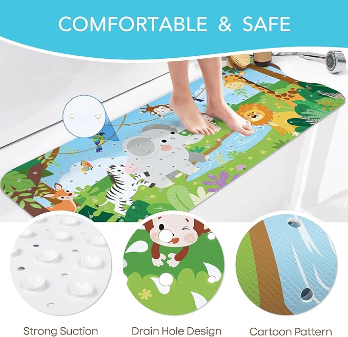 SHUCHING Baby Animal Bath Mat for Tub Non Slip-40 X 16 Inch, Bathtub Mat Non Slip for Kids Baby, Toddler Long Shower Mat for Bathroom