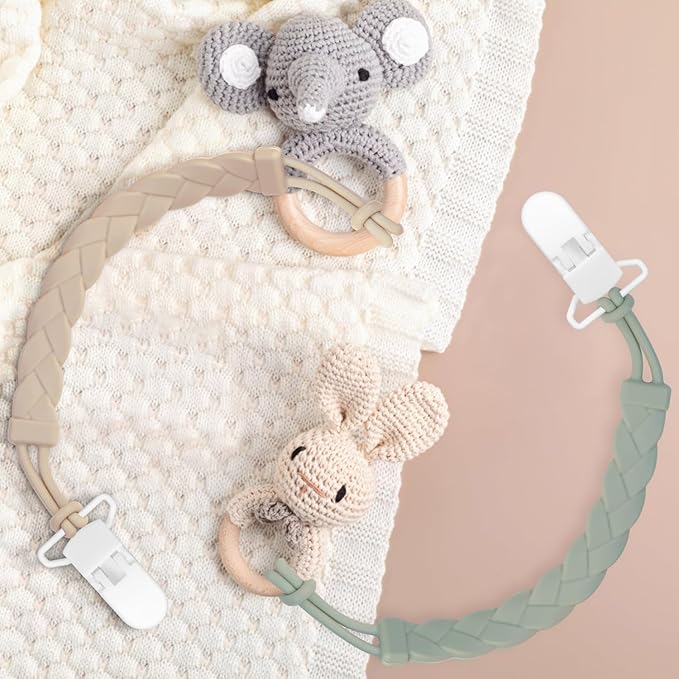 Stylish Silicone Pacifier Clips, 4-Pack Pacifier Holder with Flexible Woven Rope Design, 100% Food Grade Silicone, Easter Safe Essentials for Newborns Baby Boys and Girls