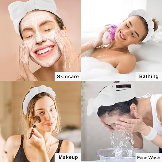 Canitor Spa Headband Wrist Bands with Hair Clips White Non Slip Puffy Terry Cloth Makeup Skincare for Washing Face Skin Care Preppy Teen Girl Gifts Women Cute Trendy Stuff Stocking Stuffer