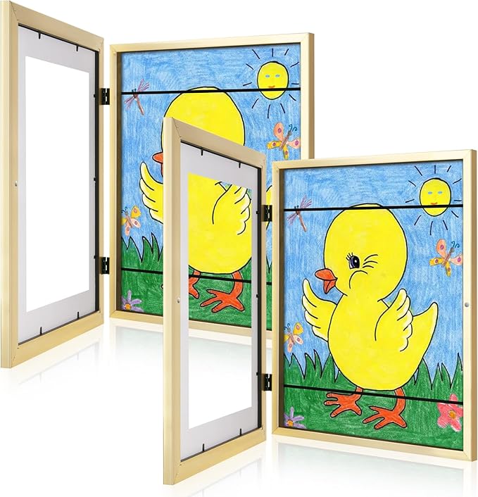 [2Pack] Kids Art Frames, 11x14 Front Opening Kids Artwork Frames Changeable, Gold Artwork Display Storage Frame for Wall, Holds 50 Pcs, for 3D Picture, Crafts, Children Drawing, Hanging Art, Portfolio