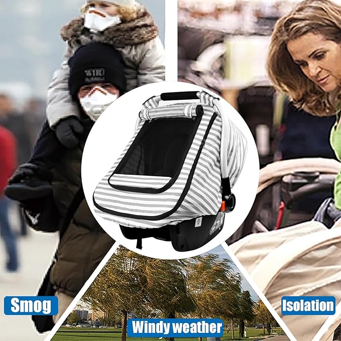 Car Seat Covers for Babies,Baby Car Seat Cover for Boys Girls,Windproof Infant Carseat Cover,Kick-Proof Car Seat Canopy with Breathable Mesh Peep Window,Stripe Print,Summer Lightweight