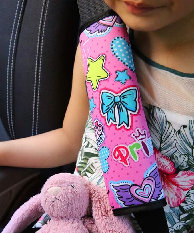 YR Seat Belt Cover for Kids, Soft Comfort Seat Belt Cushion for Children, Cute Cartoon Pattern Car Seat Belt Pads Cover for Girls and Boys, 1 Pack, Pop Pink