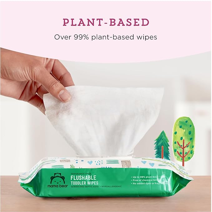 Amazon Brand - Mama Bear Flushable Toddler Toilet Wipes, Unscented, Formulated without Fragrance, Hypoallergenic, Plant-Based, Septic Safe, 336 Count, 8 Packs of 42