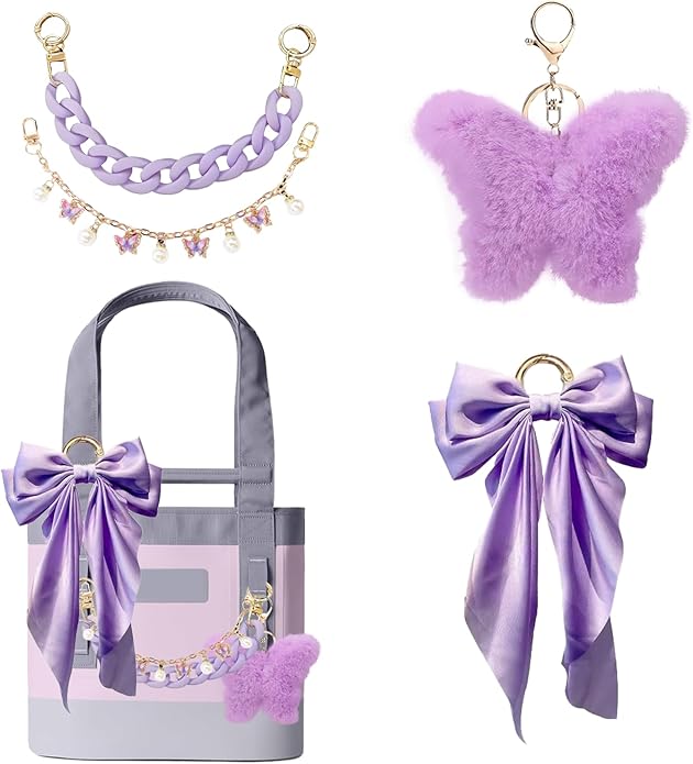 CuddleJunk Bag Charms for Tote Bags, Satin Bow Keychain Kit Accessories for Yeti Camino, Fluffy Ball Gold Chains Charms for Women Purse Beach Handbag