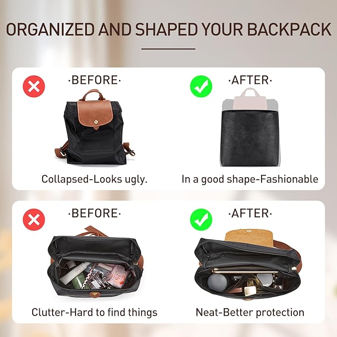 Doxo Upgraded Backpack Organzier Insert Compatible with Le-Pliage Backpack and More, Ultra-light Waterproof DupontPaper Bag Organizer Insert for Backpacks, (9" L x 3.9" W x 9" H, Black)