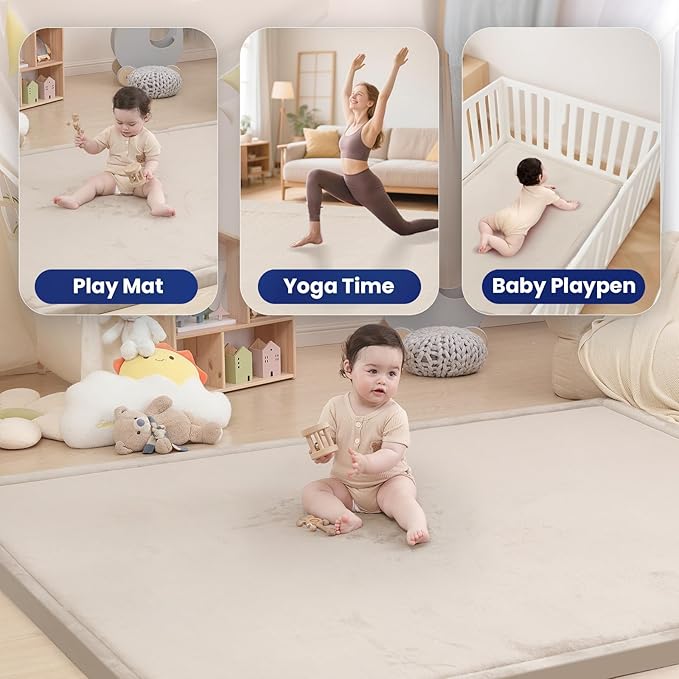 Huloo Sleep 2" Extra Thick Baby Play Mat for Floor,Ultra Soft Elasti Foam Mat for Tummy Time & Crawling,Playpen,Non Slip Nursery Rug for Toddlers,Infants,kids,Tatami Style for Yoga,Playroom(Beige)