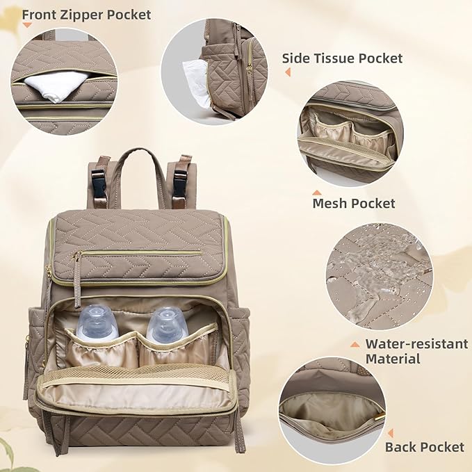 Omanmoli Diaper Bag Backpack Baby Large Travel Work School Backpack for Women with 17 Bag Organizers,4 Insulated Pockets,Portable Changing Pad,Stroller Buckles,Brown