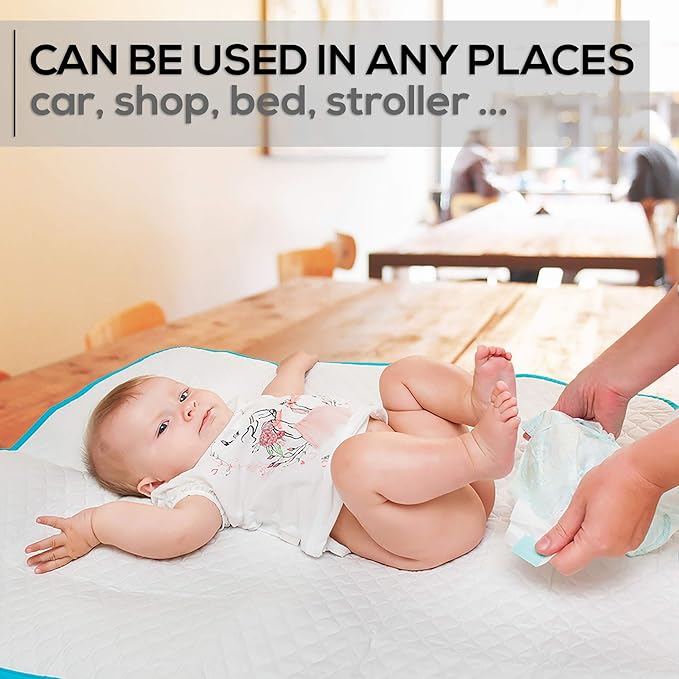 Baby Diaper Changing Mat - 31,5 x 25,5 inch Waterproof Portable Travel Changing Pad - Wipable Liners for Newborn Todlers Kids - Foldable Large Baby Nappy Changer Mat White w/Turquoise Changing mat