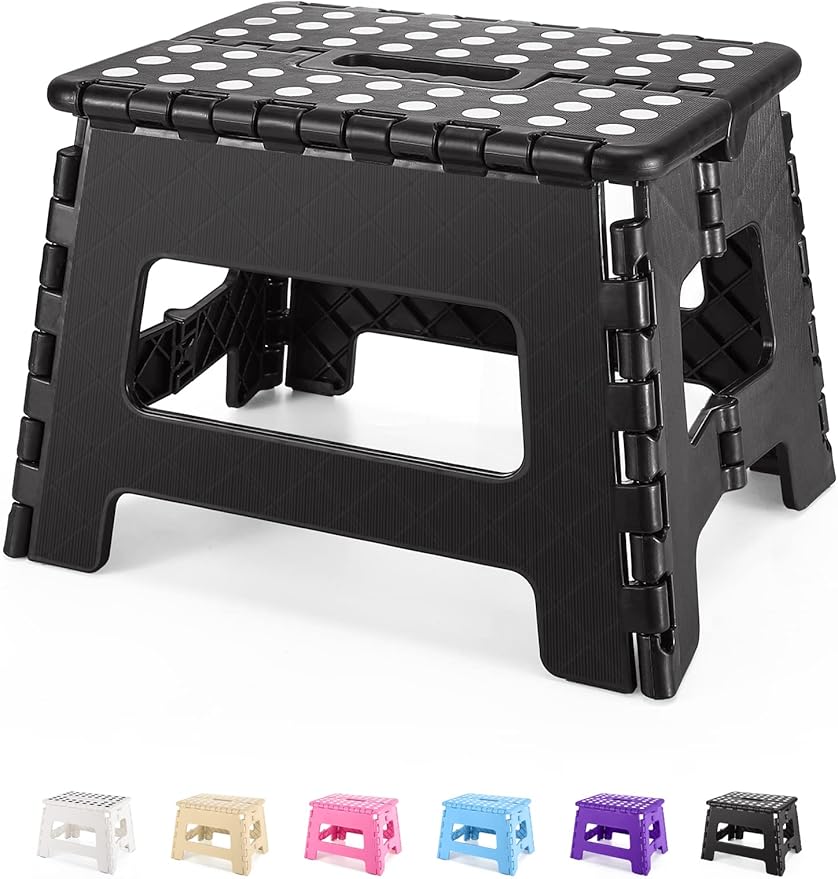 Dyforce 9 Inch Folding Step Stool for Kids and Adults, Collapsible Light-Weight Foot Stools Foldable for Toddler, Kitchen, Bathroom, 300 lb Capacity (Black)