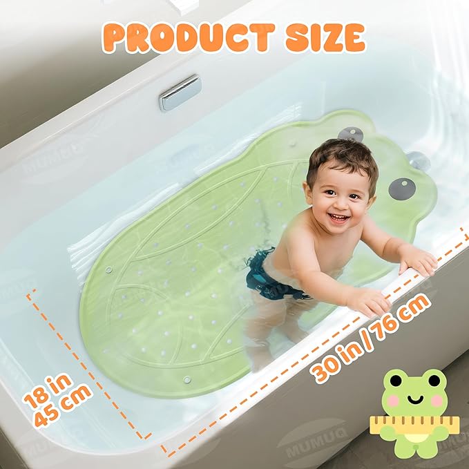 Baby Bath Mat for Tub Non Slip Bathtub Mat Ruber Cartoon Frog Shower Mats for Toddlers and Kids 30"x18" Cute Bath Mats with Suction Cups and Drain Holes, Green