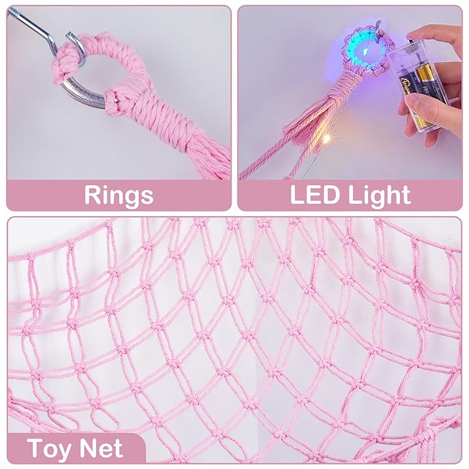 Basumee Stuffed Animals Net or Hammock with LED Light, Hanging Stuffed Animals Storage Toy Hammock Net Corner Wall Girls Room Decor Toy Storage Organizer, Pink, XL