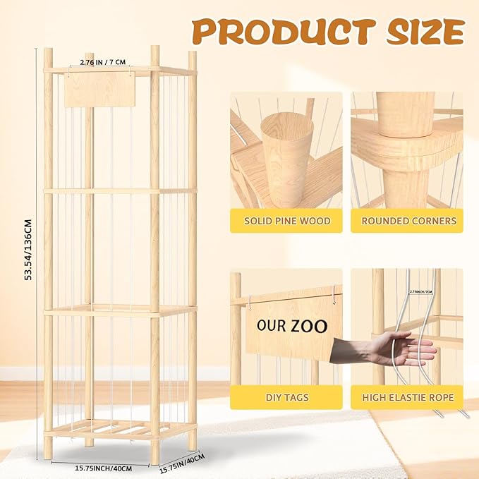 Dayacoco Stuffed Animal Storage, Wood Stuffed Animals Organizer Holder Zoo, Extra Large Capacity Stuff Storage with Elastic Band and Net for Nursery Kids Play Room Bedroom (Pine wood)