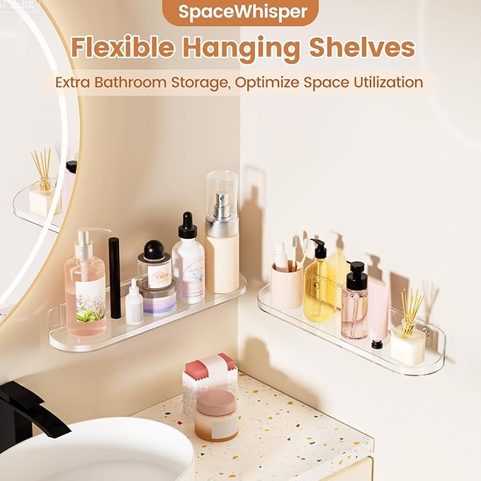 SpaceWhisper Floating Shelves for Wall, 2-Pack 15" Wall Shelves for Bathroom, Bedroom, Kitchen, Living Room, Display Hanging Shelf Organizer for Book, Picture Ledge, Figure Storage, Room Decor (Clear)