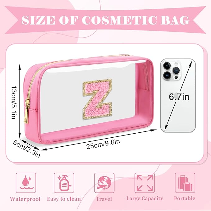 Personalized Initial Letter Clear Makeup Bag,Preppy Small Nylon&PVC Cosmetic Zipper Bag with Chenille Letter,Portable Beach Travel Skincare Toiletry Bag,Trendy Monogram Gift for Teen Girls Women,Z