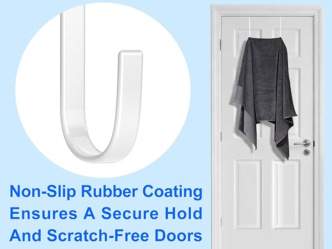 Mars-Rock Over The Door Metal Hooks with Plastic Coating 7.5" Fit 0.5" to 1 3/4" Door 4 Pcs Heavy Duty Single Towel Robe Rack Wreath Bathroom Shower Hanger Shoe Organizer Ironing Board Long White