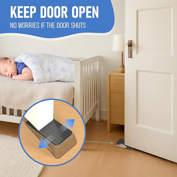 Heavy Duty Door Stopper Wedge - 2 Pack Widened Door Stop Wedge Made of Premium Quality Brushed Stainless Steel Suits Any Door, Any Floor with Set of 2 Plus Self-Adhesive Holder