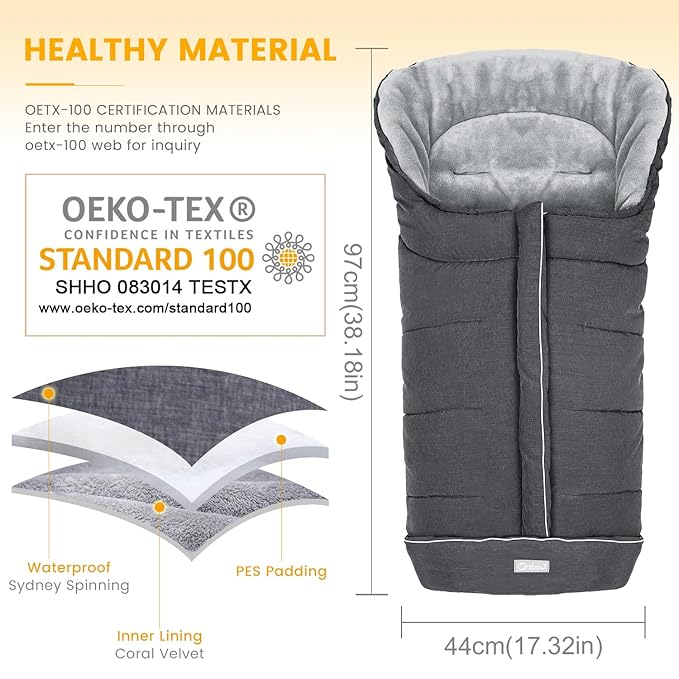 Orzbow Universal Stroller Footmuff, Winter Baby Bunting Bag for Stroller - Baby Sleeping Bag with Coral Fleece Lining for Cold Weather, Water-Repellent, Winter Must Have for Toddler Kids, Dark Grey