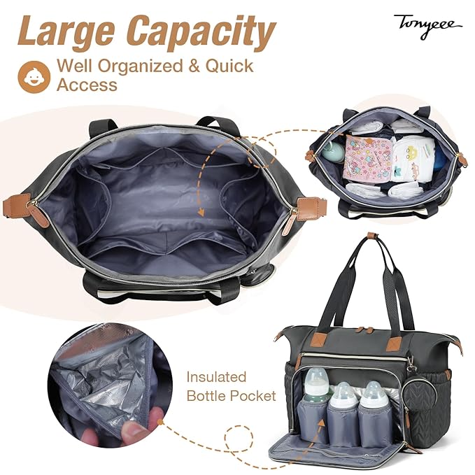 Tonyeee Diaper Bag Tote, Large Baby Diaper Bags Waterproof, Hospital Bag for Labor Delivery with Pacifier Case, Changing Pad, Shoulder Strap, Dark Gray