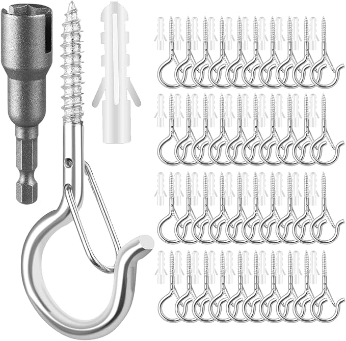 FSAH 48 PCS Q-Hanger Hooks, Screw Hooks for Outdoor String Lights, Safety Buckle Design Cup Eye Hook for Hanging Christmas Lights, Plants, Mounted on Wall Ceiling, Include 1 Wing Nut Driver, Silver