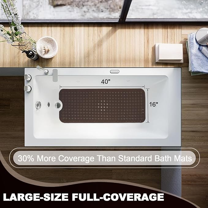 Bathtub and Shower Mats, 40x16 Inch Extra Large Non Slip Soft Bath Tub Mat with Suction Cups and Drain Holes for Bathroom Floor and Keep Tubs Clean, Machine Washable, Clear Chocolate