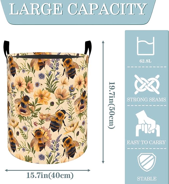 VODRM Bee Floral with Daisy Laundry Basket, Dirty Collapsible Clothes Toy Organizer Hamper for Kids Adults, Oxford Cloth Waterproof Storage Bin for Bedroom Bathroom Home Decor Gifts, 19.7"X15.7"