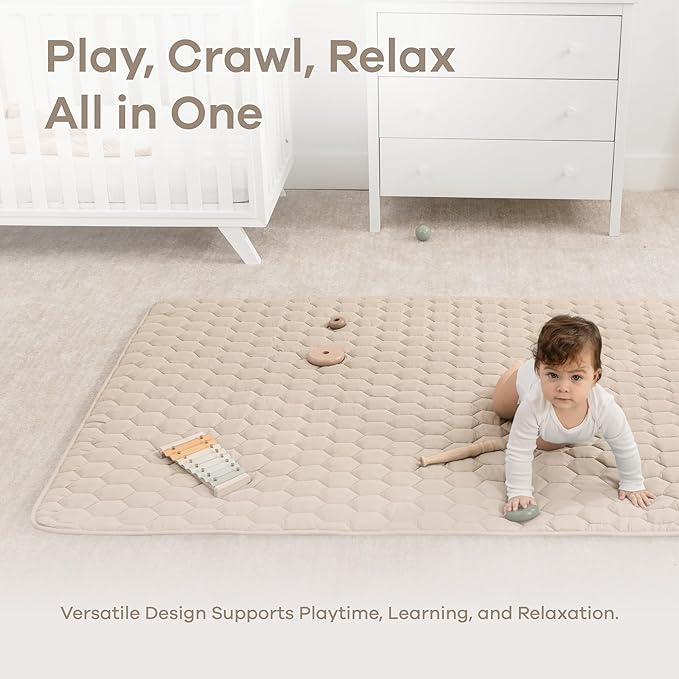 Comfy Cubs Rectangle Kids Play Mat - Medium 48 x 72 inches Soft Quilted Baby Floor Mat with Non-Slip Bottom - Plush Design for Toddlers Playtime - Comfortable and Durable - Sand