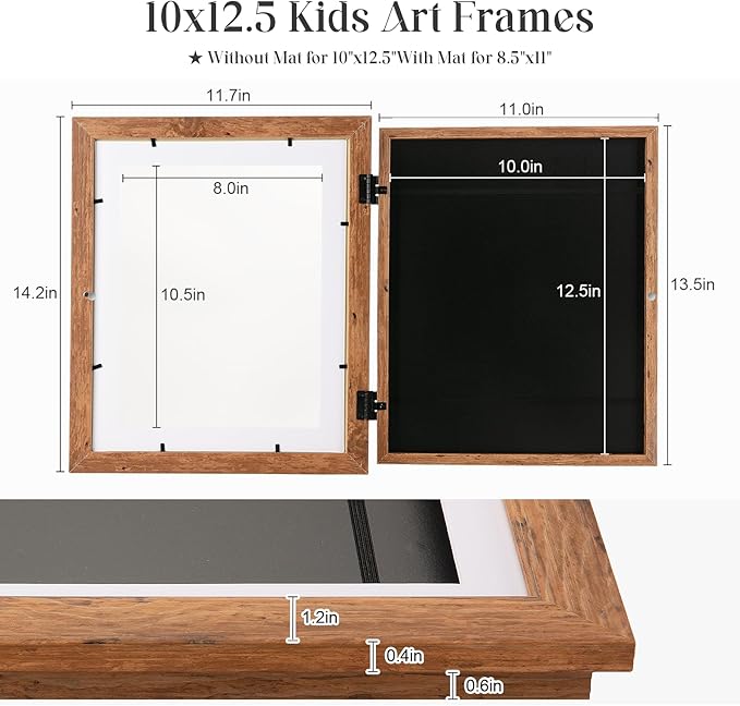 [2 Pack] Kids Art Frames, 10x12.5 Front Opening Kids Artwork Frames Changeable,Dark Woodgrain Artwork Display Storage Frame for Wall, Holds 50 Pcs, for 3D Picture, Crafts, Children Drawing, Hanging