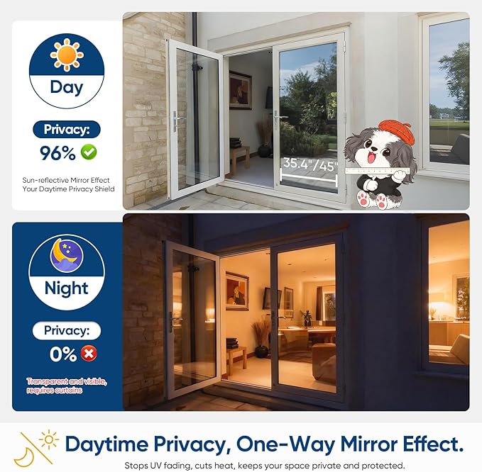 SUNBABY Window Tint for Home, One Way Privacy Film Heat & UV Blocking, Static Cling No Glue Renter Friendly Cover for Home Bedroom, Office & Sliding Glass Door, 17.5 x 78.7 Inch with 3 Tools, Black