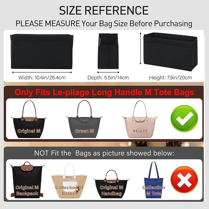 Felt Purse Organizer Insert Compatible with Longchamp Lepliage M Tote Bag(Long Handle), Zipper Long Champ Medium Organizer Insert with Cup Holder, 8 Compartments Bag Liner Shaper(Black,M)