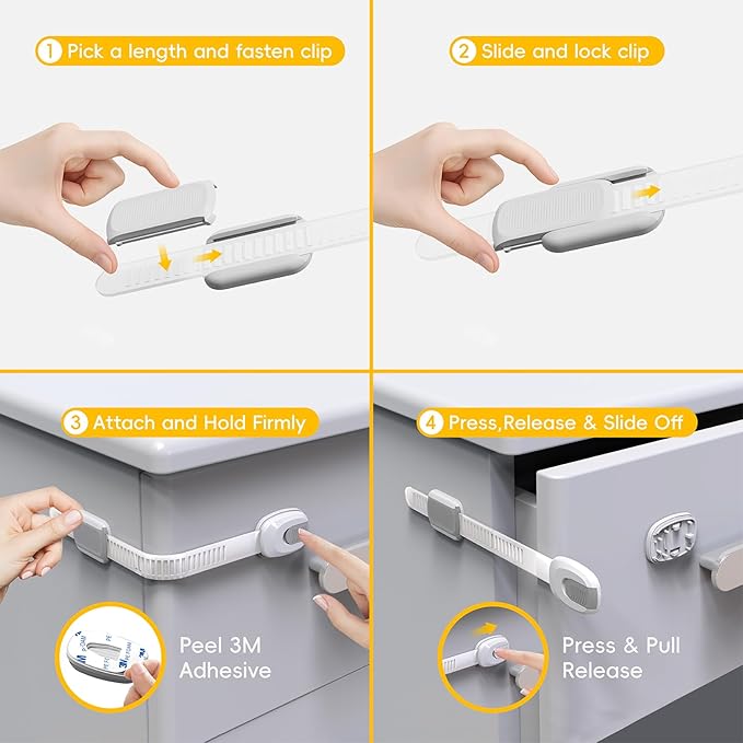 8 Packs Cabinet Locks Baby Proofing, Child Proof Cabinet Locks with 3M Adhesive, No-Drill Child Safety Cabinet Lock, Flexible for Drawer, Door, Fridge, Trashcan, Toilet Seat, Pantry