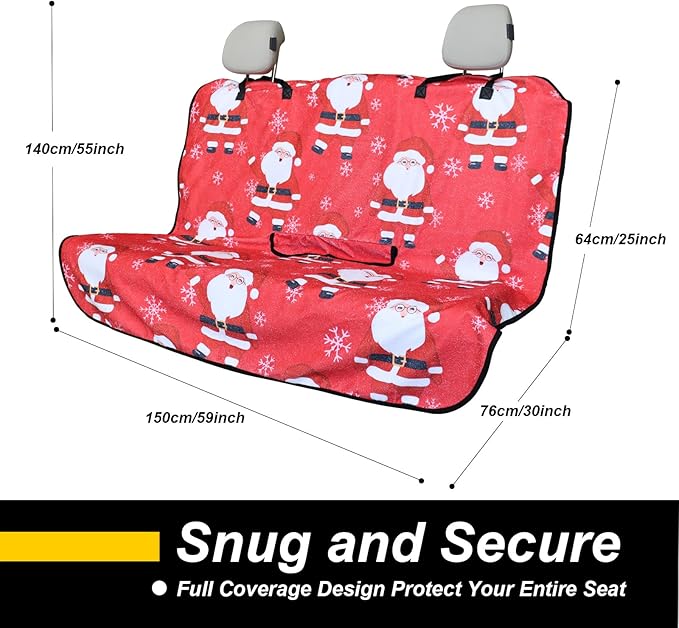 LoyaGour Back Seat Cover for Car Trucks Van SUV,Waterproof Rear Bench Towel Seat Covers for Dogs and Kids,Automotive Backseat Protector (Santa Claus)