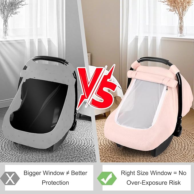 Hooyax Muslin Car Seat Cover Baby - Breathable and Privacy Car Seat Canopy with 3 Modes - Easy Install & Gift Box Packaging, Universal Fit for Infant Car Seats, Pink