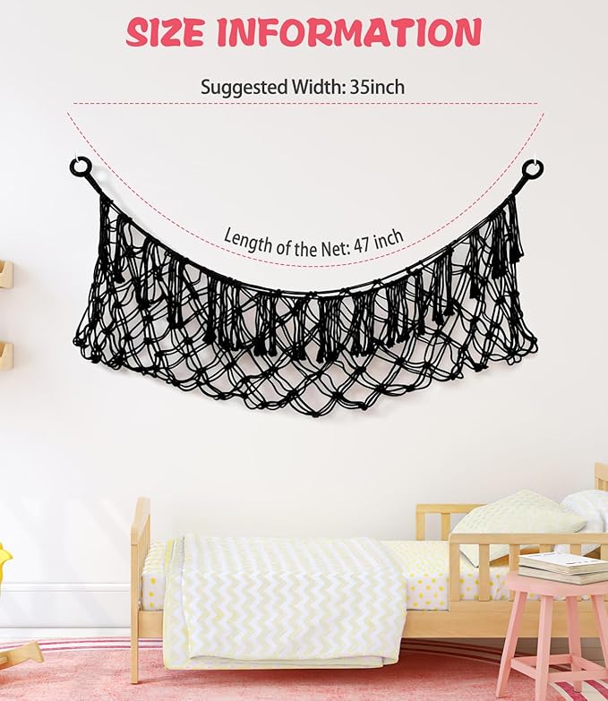 Stuffed Animal Net Hammock, Premium Cotton Hand-Knitted Plush Hammock, Save Space Eliminate Clutter Boho Stuffed Animal Storage for Nursery, Bedroom Decor, playrooms - Black