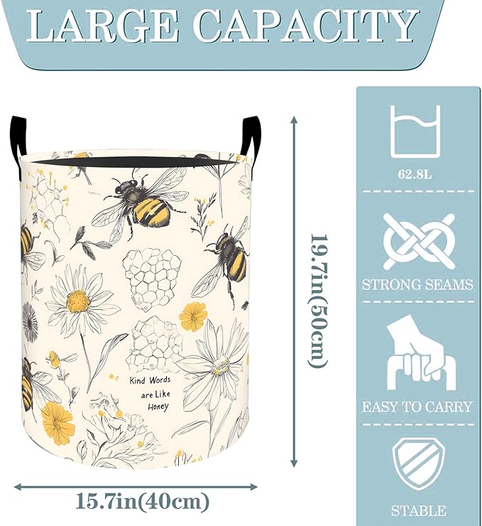 VODRM Bee Daisy Floral with Honeycomb Laundry Basket, Dirty Collapsible Clothes Toy Organizer Hamper for Kids Adults, Oxford Cloth Waterproof Storage Bin for Bedroom Bathroom Decor Gifts, 19.7"X15.7"