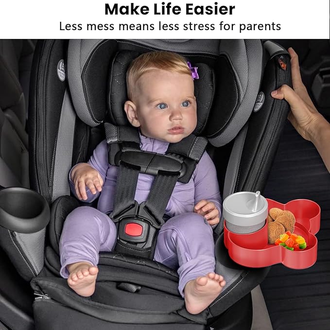 Red Car Seat Tray - Convert Cup Holder to Snacks & Toys Tray, 360 Rotatable for Kids Travel, Booster & Stroller