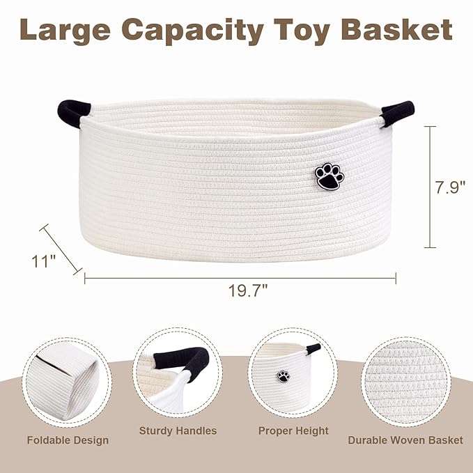 Dog Toy Basket, Toy Box and Bin for Dog Cat Storage, 19.7" X 11" X 7.9" (30L) Large Woven Basket for Blanket Storage, Rope Baskets for Living Room, Bedroom, White
