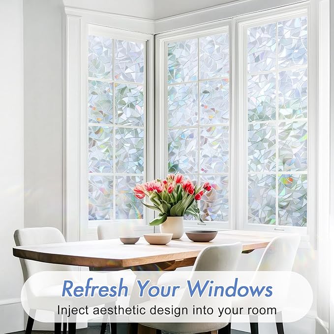 Haton Window Privacy Film, Stained Glass Rainbow Film Decorative Window Clings, Static Cling Sun Blocking Sticker, One Way Cover Tint for Home Heat Control, Non-Adhesive, Silver 23.6" x 78.7"