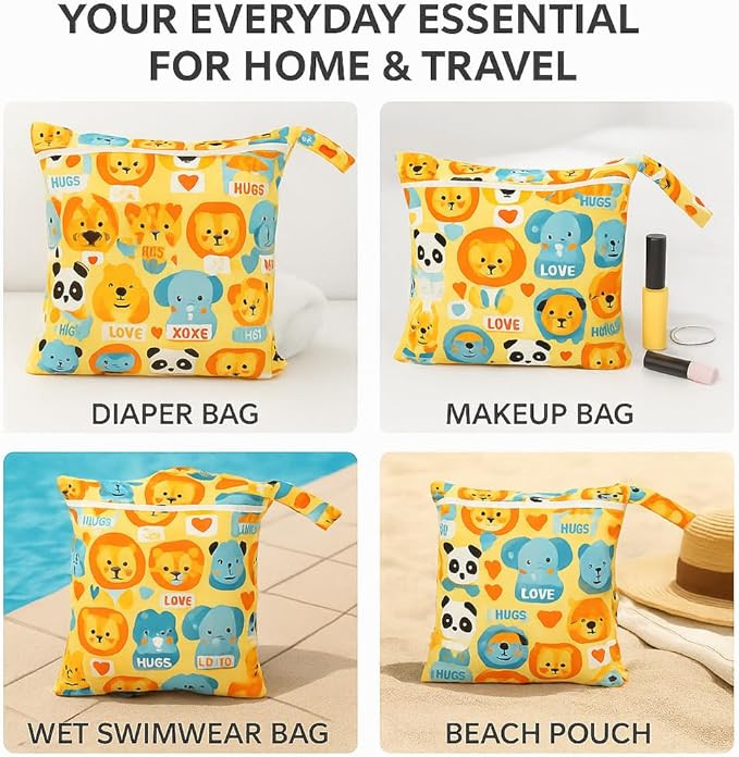 FANALALA Waterproof Wet Dry Bag, Reusable Diaper Pouch with Zipper, Machine Washable Travel Organizer for Beach, Daycare, Kids, Dinosaur Pattern (Orange Lion)