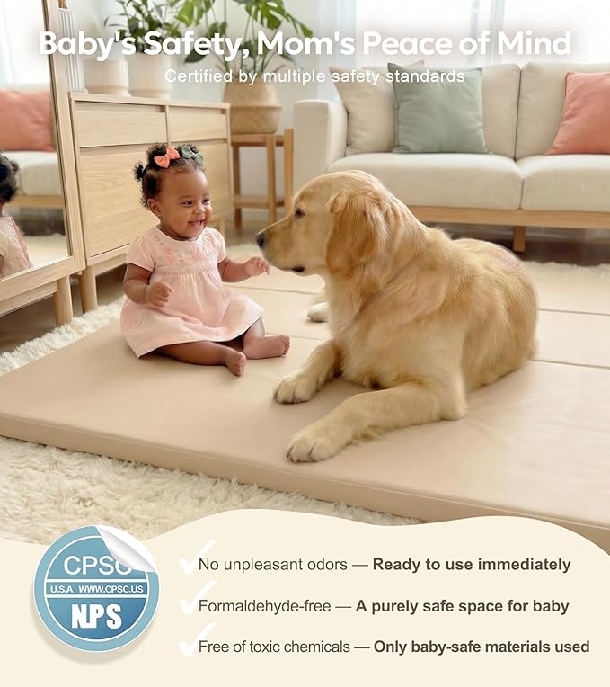 Mallify Foldable Baby Play Mat, 50''x50'' Waterproof Thicken Foam Vegan Leather Playpen Mat for Infants and Toddlers, Portable Baby Mat for Floor, Beige